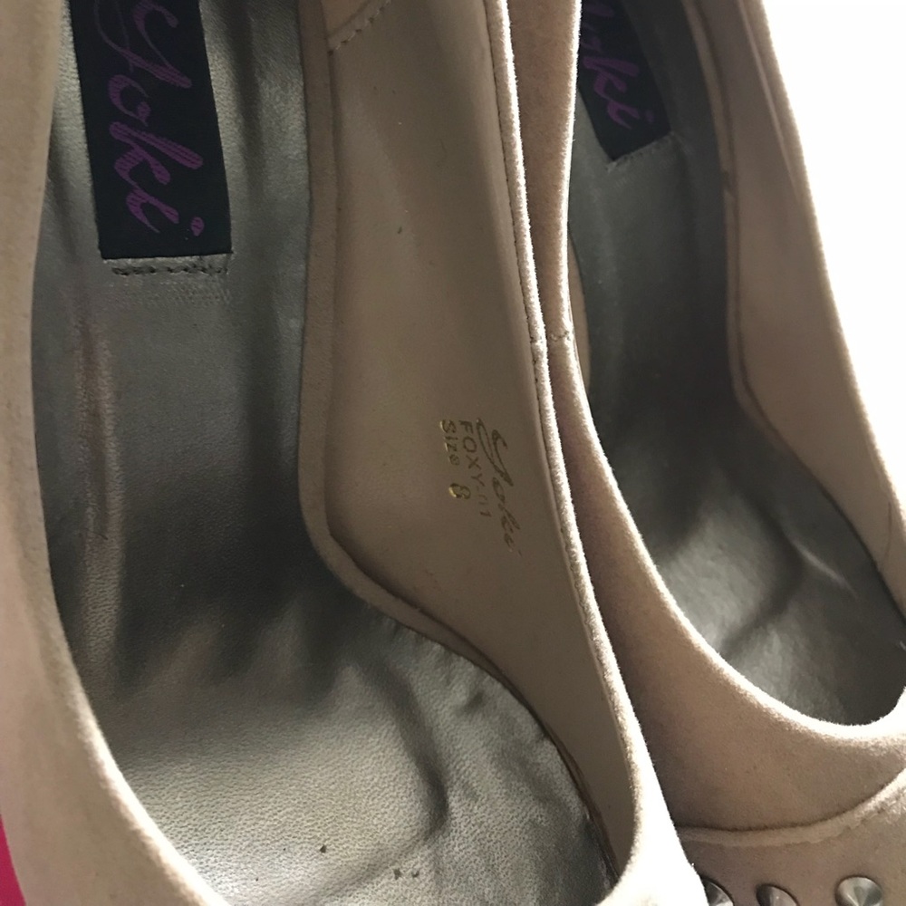 Yoki Beige Semi Pointed Toe Studded Platform Heels - Picture 3 of 6